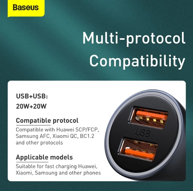 Baseus Dual USB Fast Car Charger W/1m 5A Type-C Cable 40W Set Dark Gray YS52