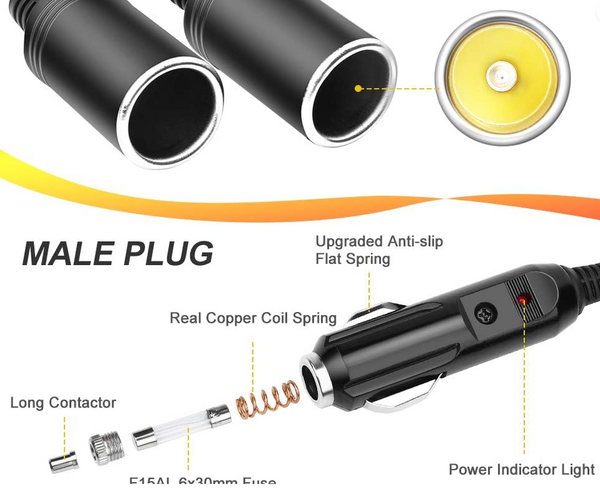 Cigarette Lighter Socket Splitter 12/24V 15A Fuse Adapter 1 to 2 For car pros KS1.3