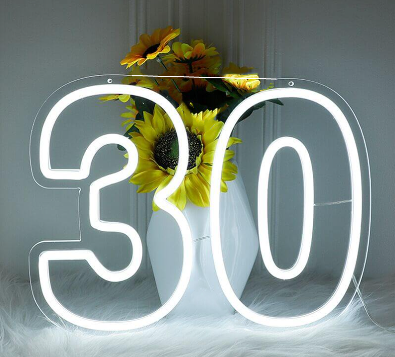 Thirty 30 Birthday Party Lights LED Neon Sign 12V White 60x35cm