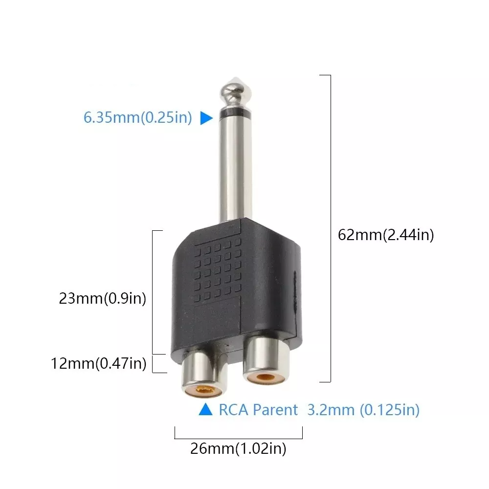 6.35mm 1/4 Inch Mono Male to Dual RCA Female Splitter Adapter 6.35 Mono to 2RCA FS42-5