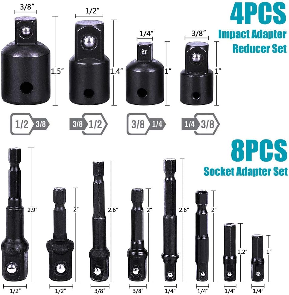 12 Pcs Drill Impact Adapter Reducer Extension Set Socket For Driver Wrench Tool (JS67)