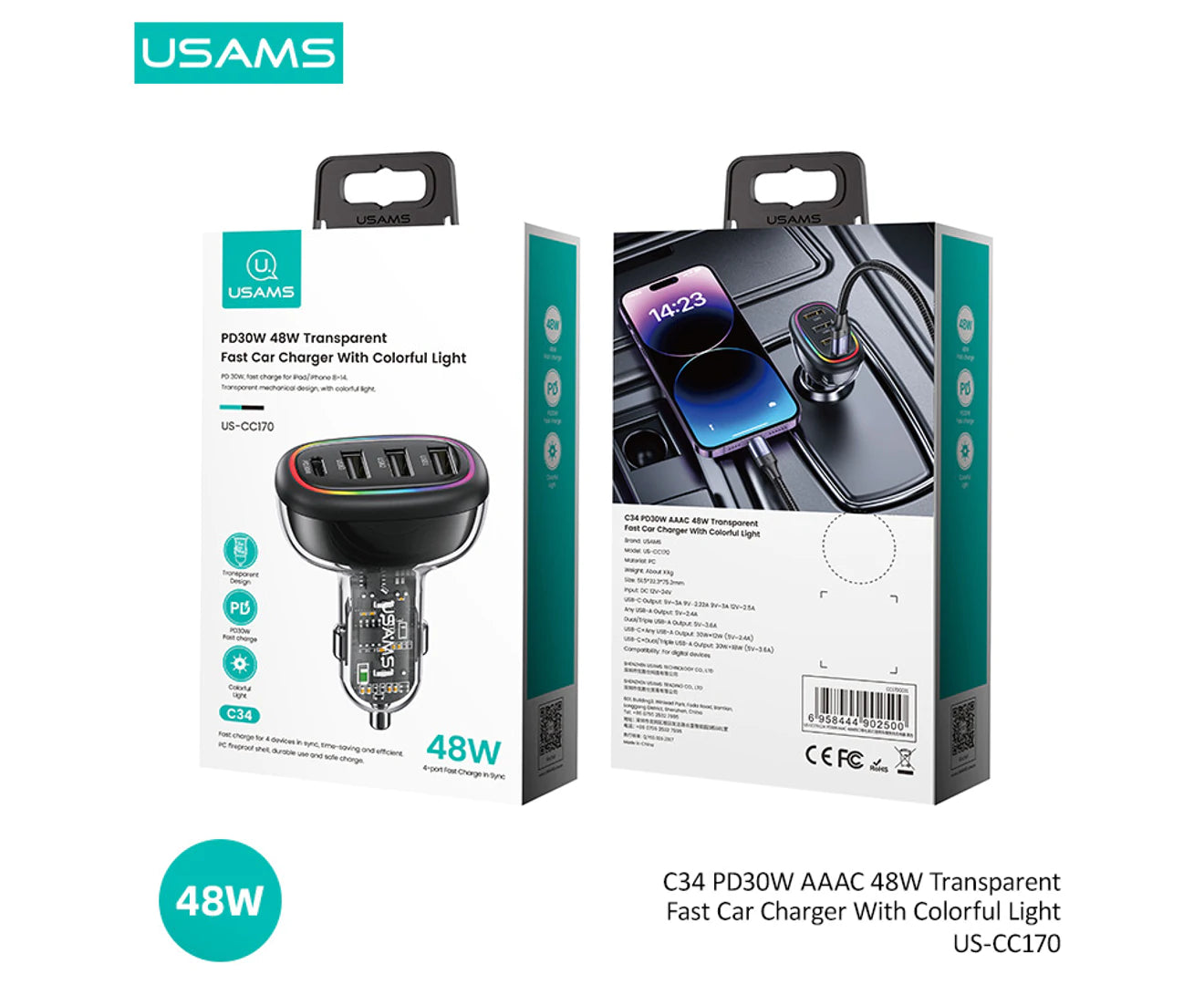 USAMS 48W Fast Car Charger 3* USB port & 1* PD Type-C Port US-CC170