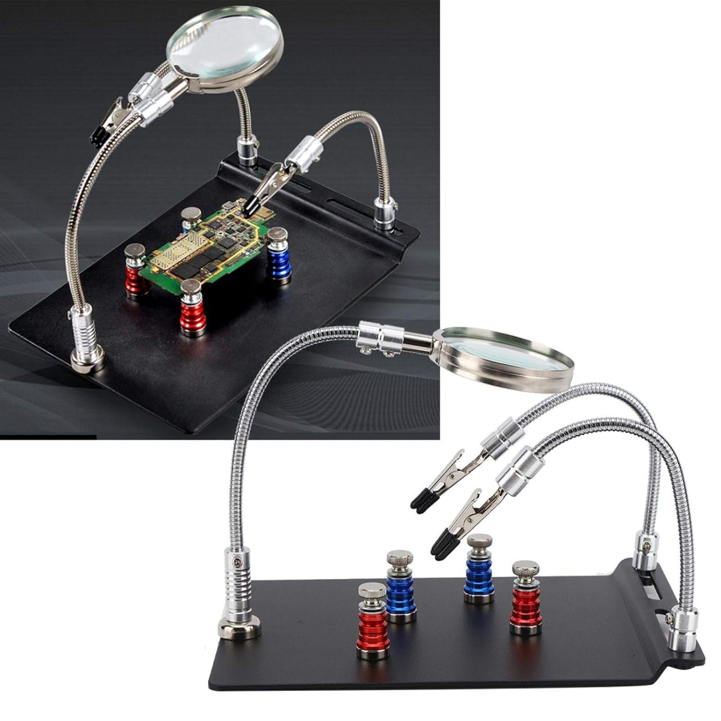 Magnetic Soldering station Circuit PCB Clamp Board Holder W/ 3x Magnifier Glasses Tools