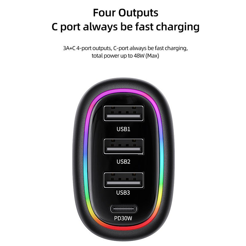 USAMS 48W Fast Car Charger 3* USB port & 1* PD Type-C Port US-CC170