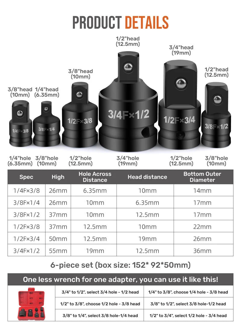 Impact Socket Adaptor Increaser Reducer Convertor 6 in 1 Tool Kit