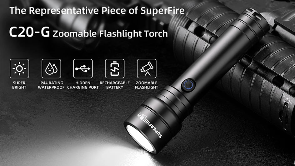 SUPERFIRE C20 Torch (RS14) 15W Powerful Flashlight Rechargeable