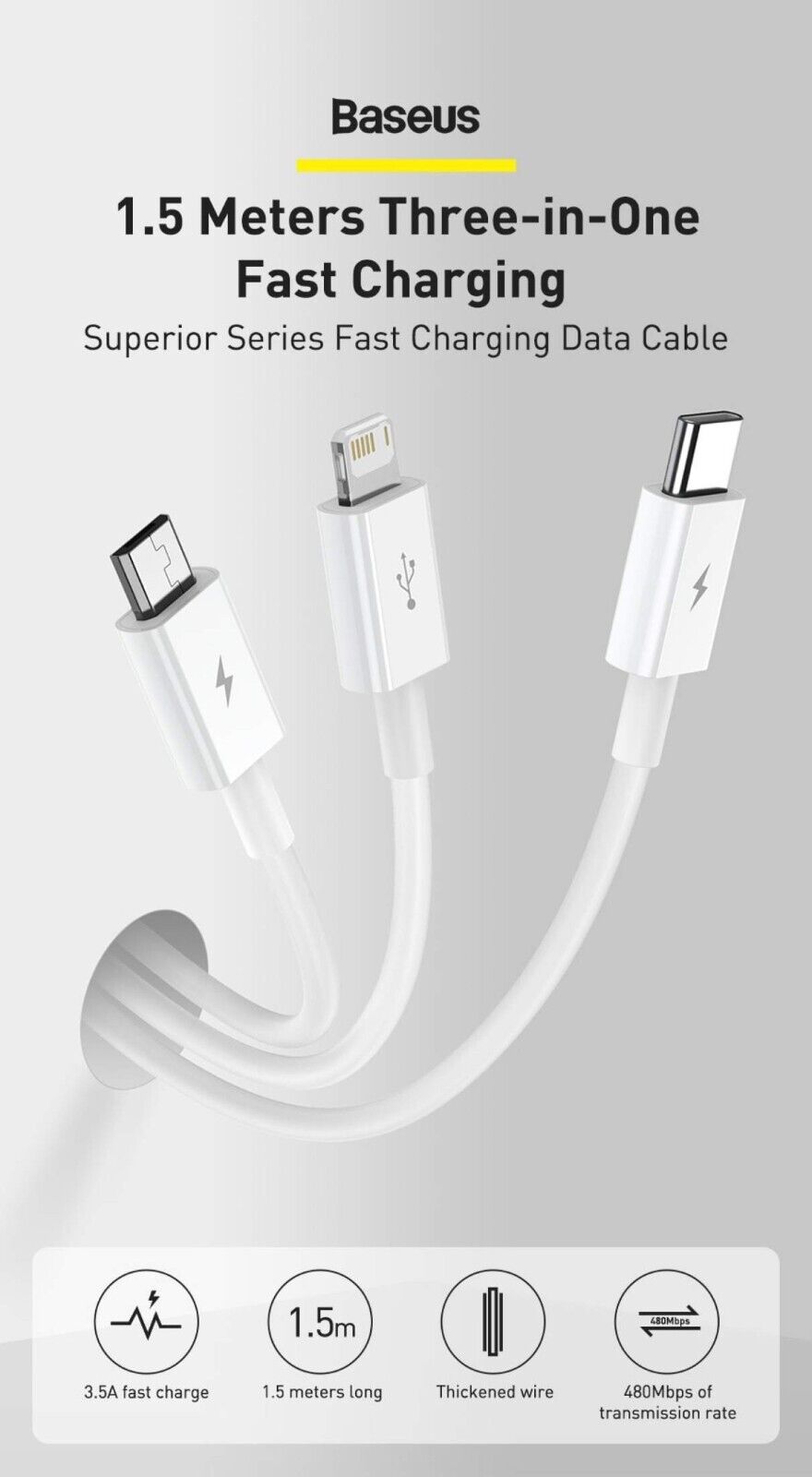 Baseus Fast charging 3 in 1 Cable USB-A to Micro USB C & 8pin Cable For iphone YS45