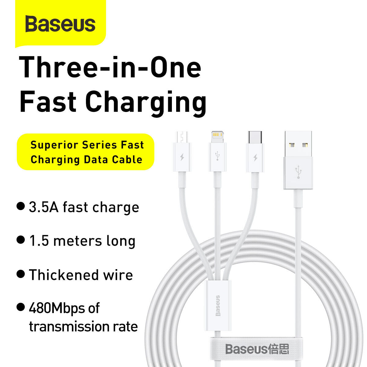 Baseus Fast charging 3 in 1 Cable USB-A to Micro USB C & 8pin Cable For iphone YS45