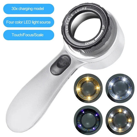Handheld Rechargeable Magnifying Glass W/4-Color Led gadget QS125-1