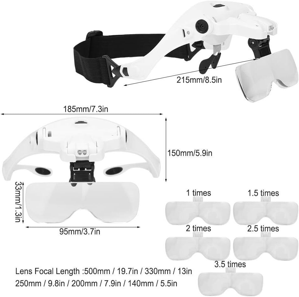 Rechargeable Head-Mounted Magnifier Magnifying Glass W/5 Lens & 2 LED Lights QS176-1