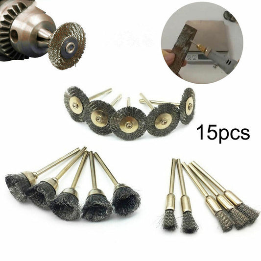 15Pcs Steel Wire Brush Set (FS16) Polishing Wheel Cup Rust Rotary Tools Set