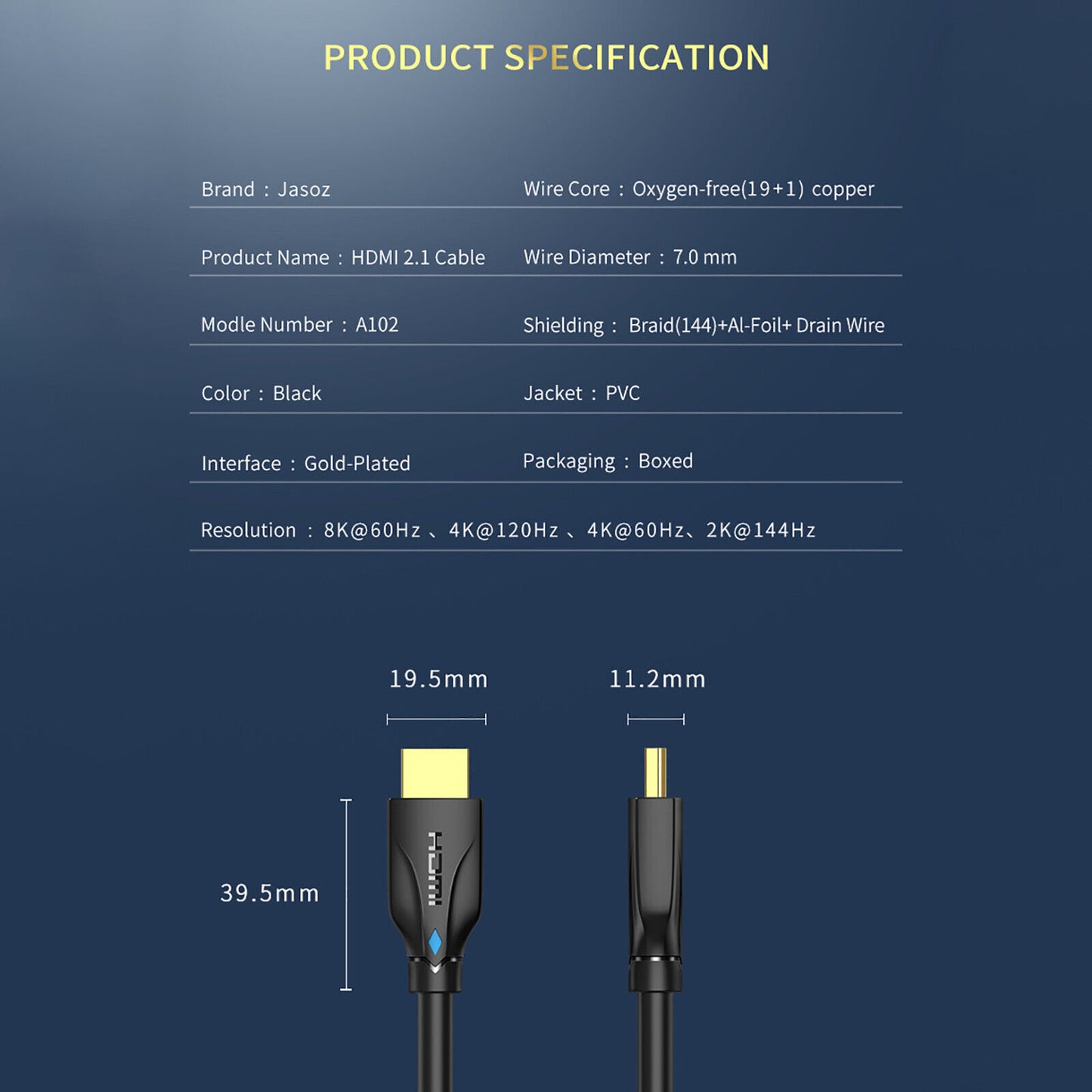 JASOZ 8K Ultra HD Premium HDMI Cable V2.1 3D High Speed Ethernet 1 2 3m