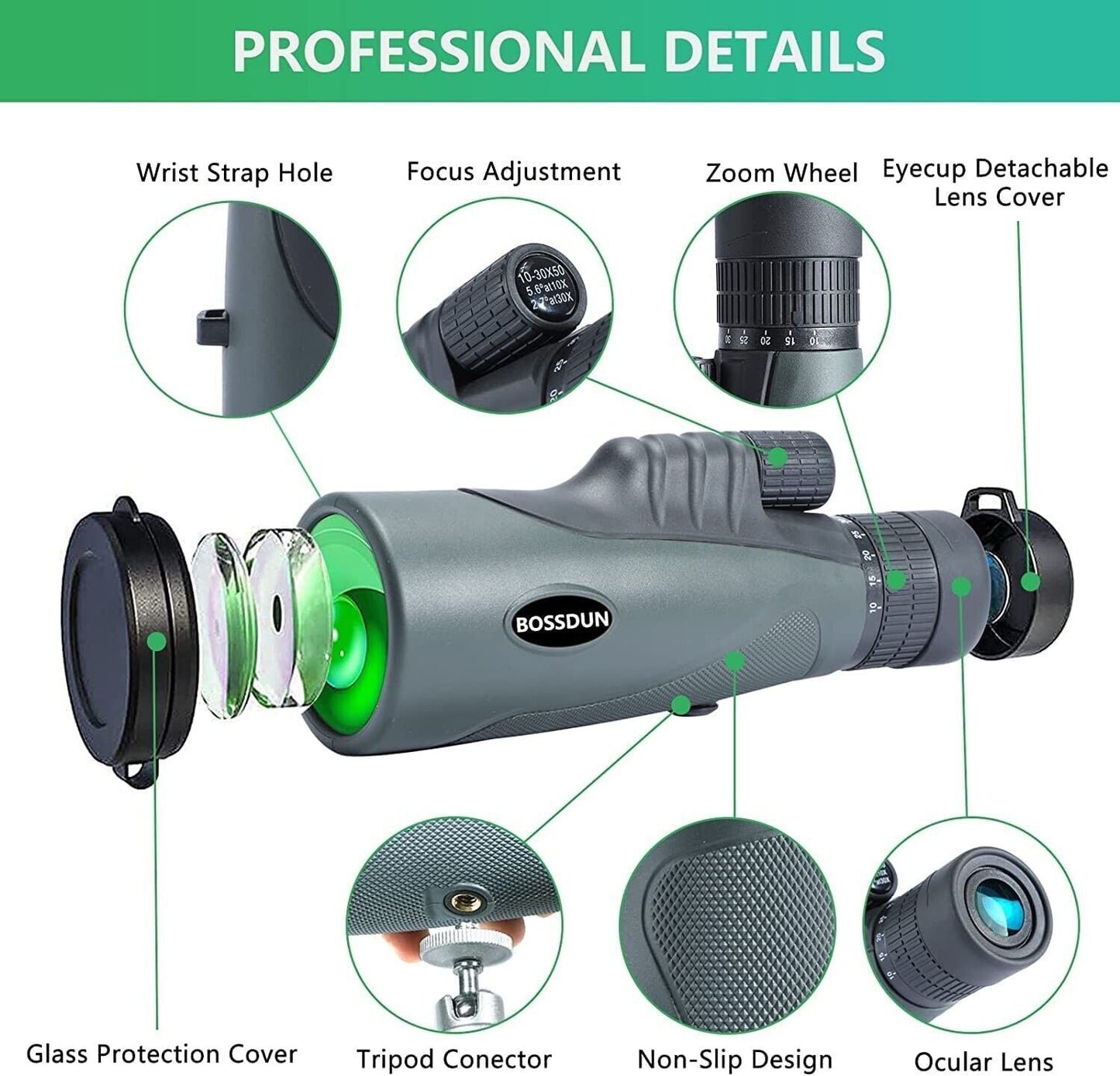 Bossdun 10-30X50 Zoom Monocular (QS116) Waterproof BAK4 Scope Pocket Telescope