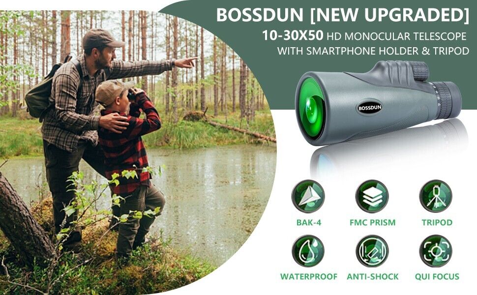 Bossdun 10-30X50 Zoom Monocular (QS116) Waterproof BAK4 Scope Pocket Telescope