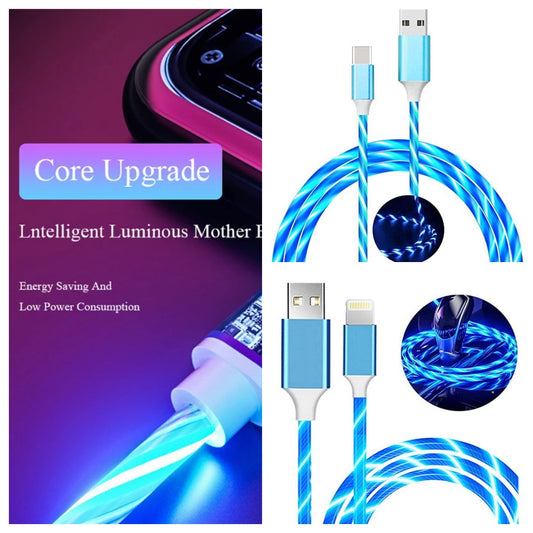 1.5m Blue Light Flow LED Type C Lightning Charger Cable