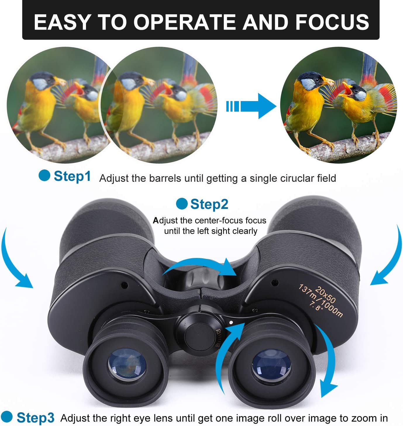 Bossdun 20*50 Military Zoom Binoculars with Carry Case