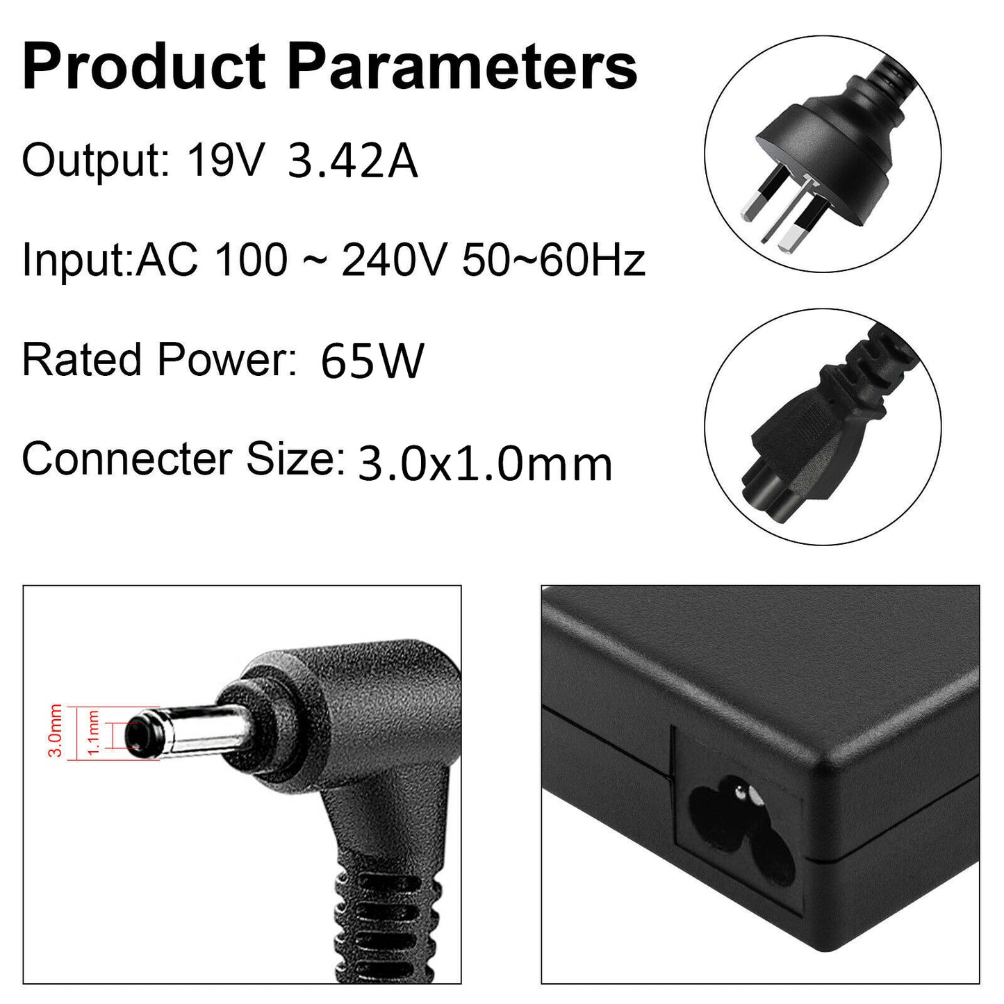 Power Adapter Charger For Acer Swift Aspire 19V 3.42A 65W 3.0x1.0mm